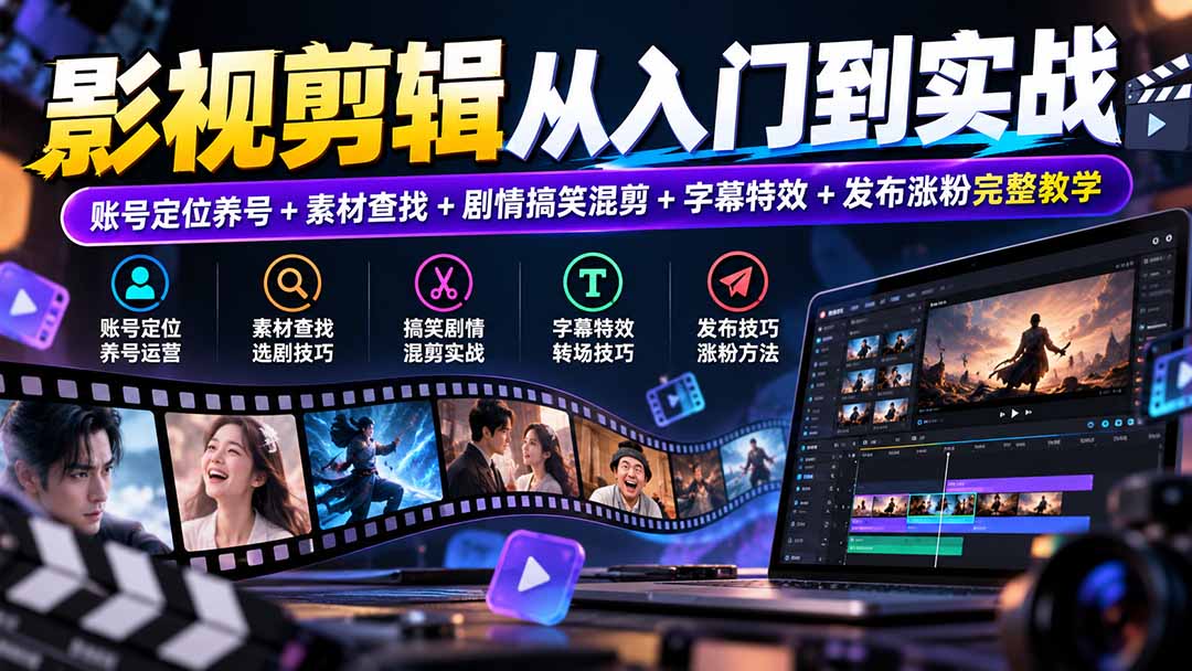 零基础影视剪辑实战：账号定位养号+素材查找+搞笑剧情混剪+字幕特效发布涨粉