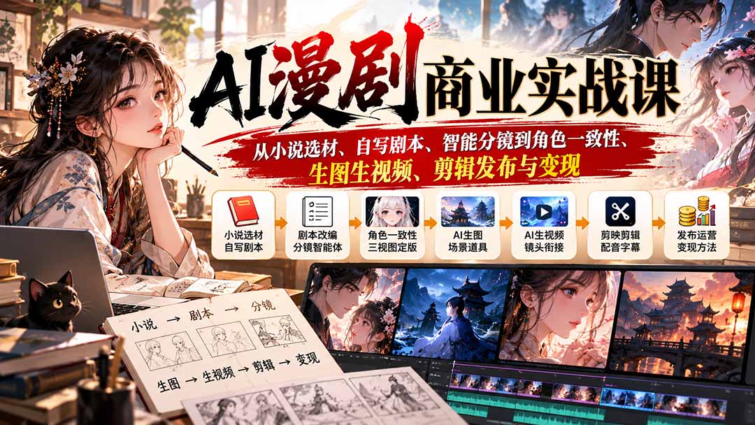 AI漫剧实战课：小说改剧本+豆包即梦生图生视频+剪映变现