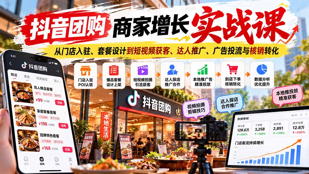 抖音团购商家增长实战课：门店入驻套餐设计短视频获客达人推广投流核销