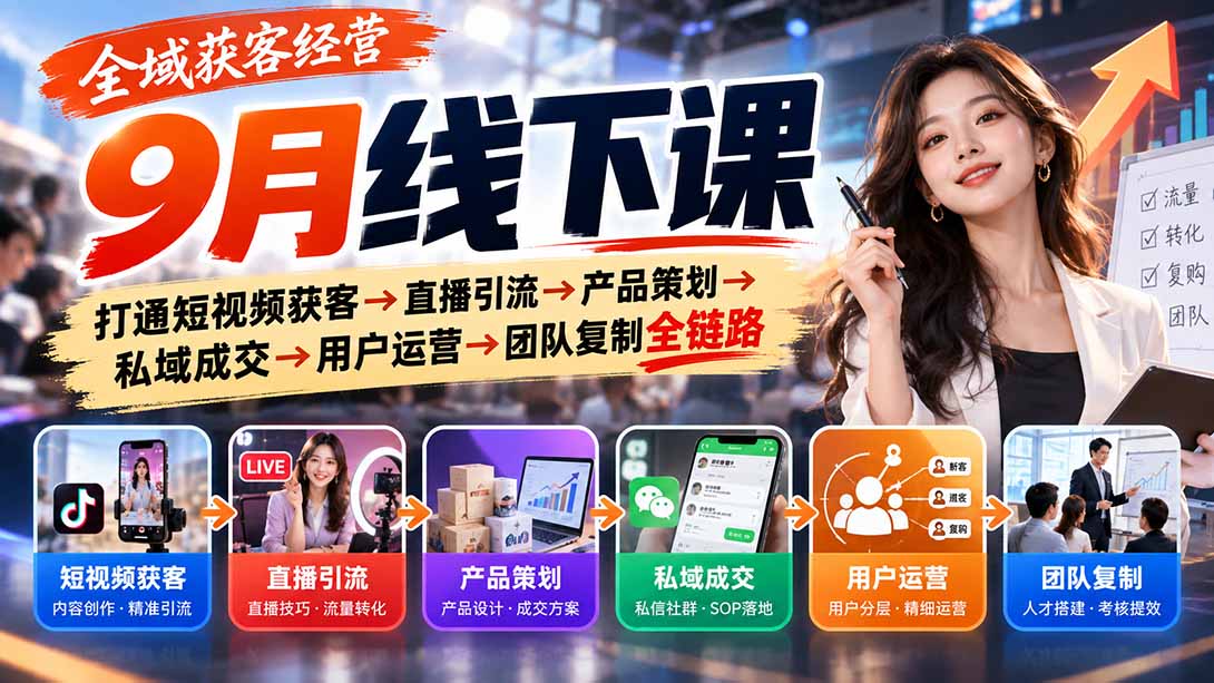 全域获客经营9月线下课：短视频直播引流+私域成交SOP与团队复制