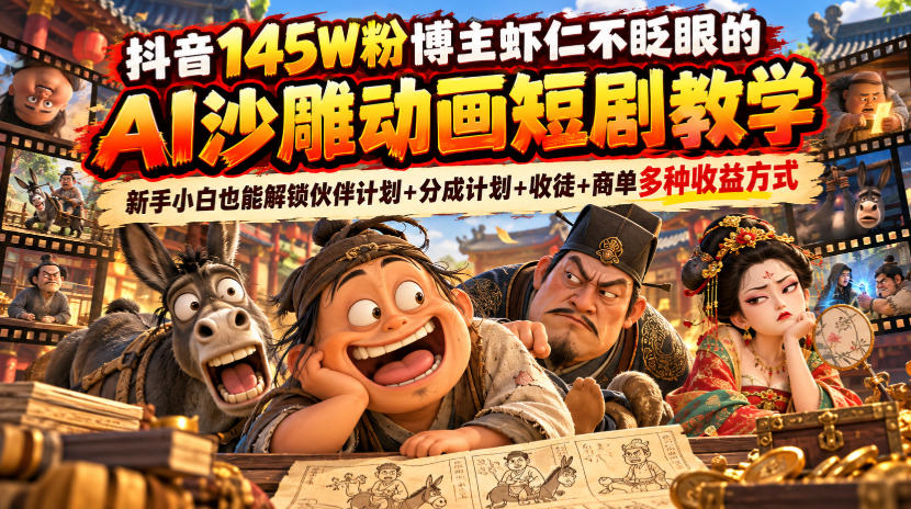 抖音145W粉博主虾仁不眨眼AI沙雕动画短剧教学，零基础学制作与变现