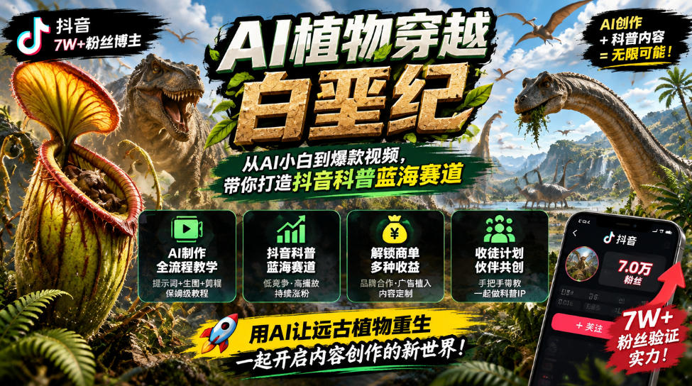 抖音7W粉博主AI植物穿越白垩纪教程 零基础低配电脑做史前科普短视频