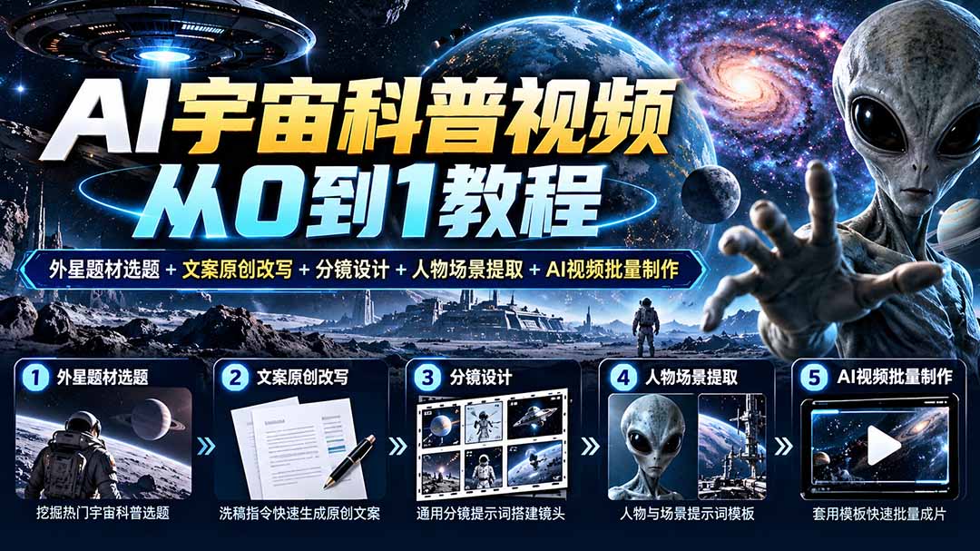 AI宇宙科普视频从0到1教程:外星选题+文案改写+分镜提示词+批量制作 AI宇宙科普视频从0到1教程:外星选题+文案改写+分镜提示词+批量制作