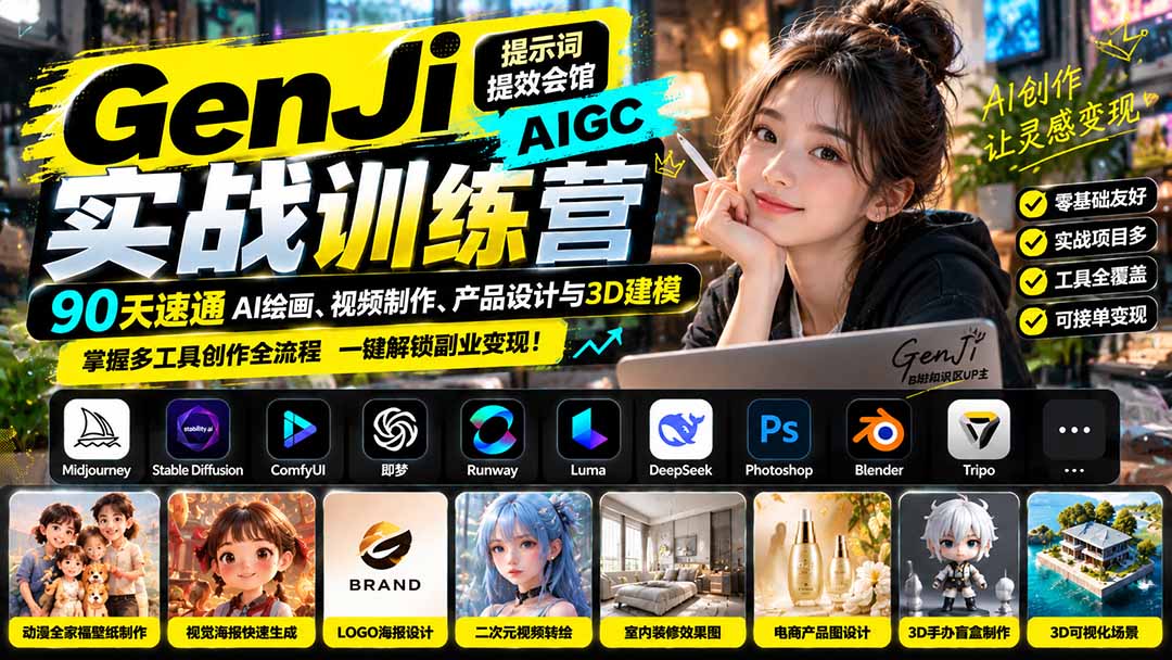 AIGC实战训练营：90天掌握AI绘画视频产品设计与3D建模全流程