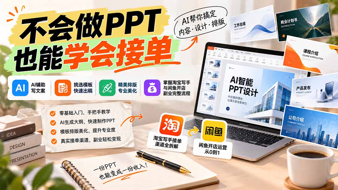 零基础AI PPT接单副业：ChatGPT写文案+淘宝闲鱼开店21天训练营