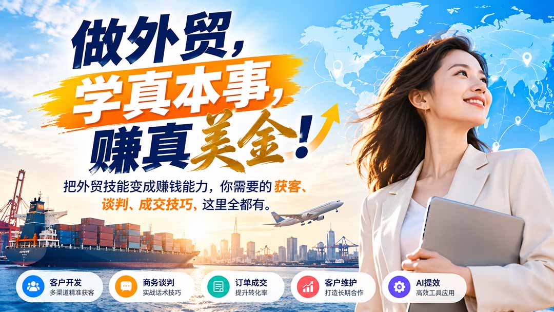 外贸获客谈判成交全流程实战课：Google领英开发客户+AI工具提效，新手业务员到团队管理系统学