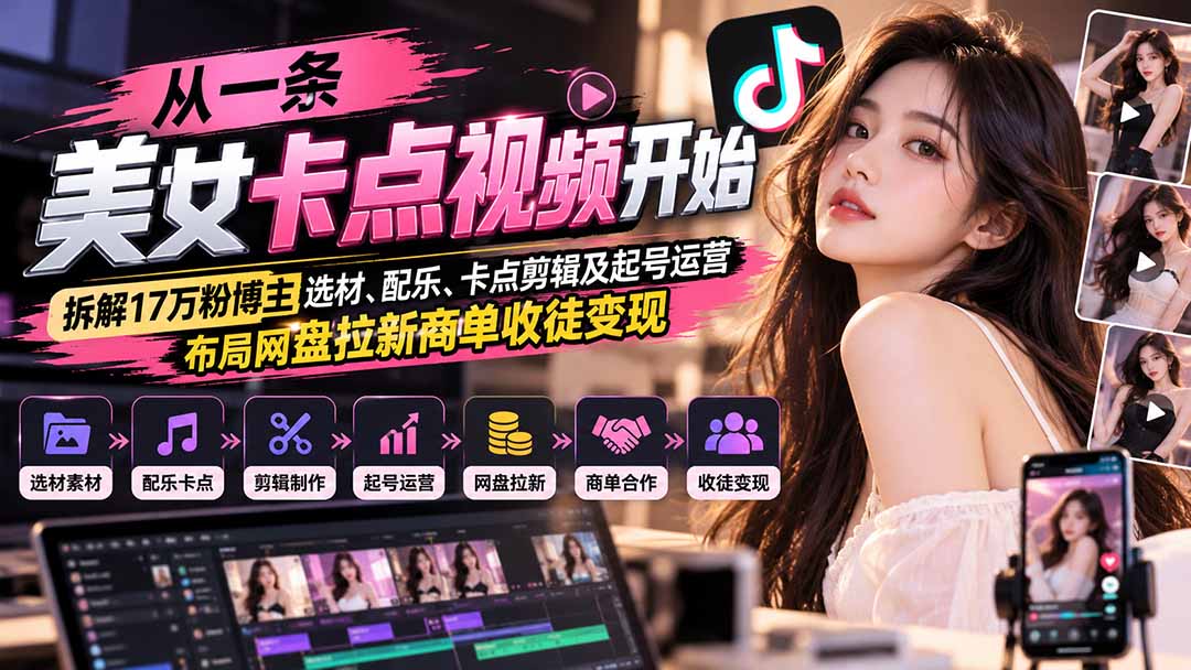 17万粉博主美女卡点视频剪辑起号运营与网盘拉新商单变现实战课