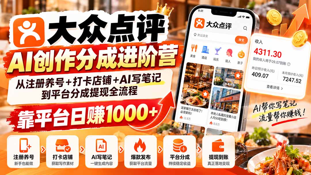 大众点评AI创作分成进阶营：注册养号打卡店铺AI写笔记到提现全流程