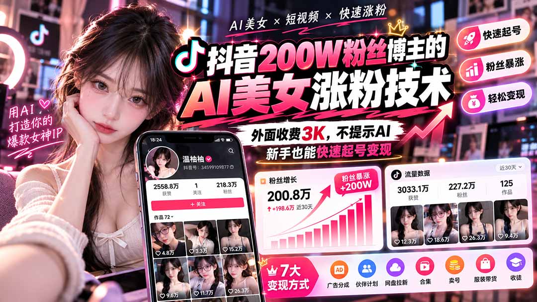 抖音200步骤W粉博主的AI美女涨粉技术：不提示AI新手快速起号变现