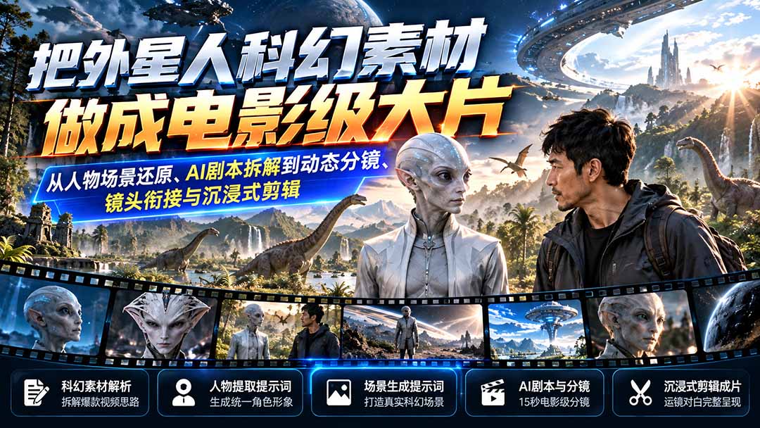 外星人AI科幻短视频制作：人物场景还原+电影级分镜剪辑教程