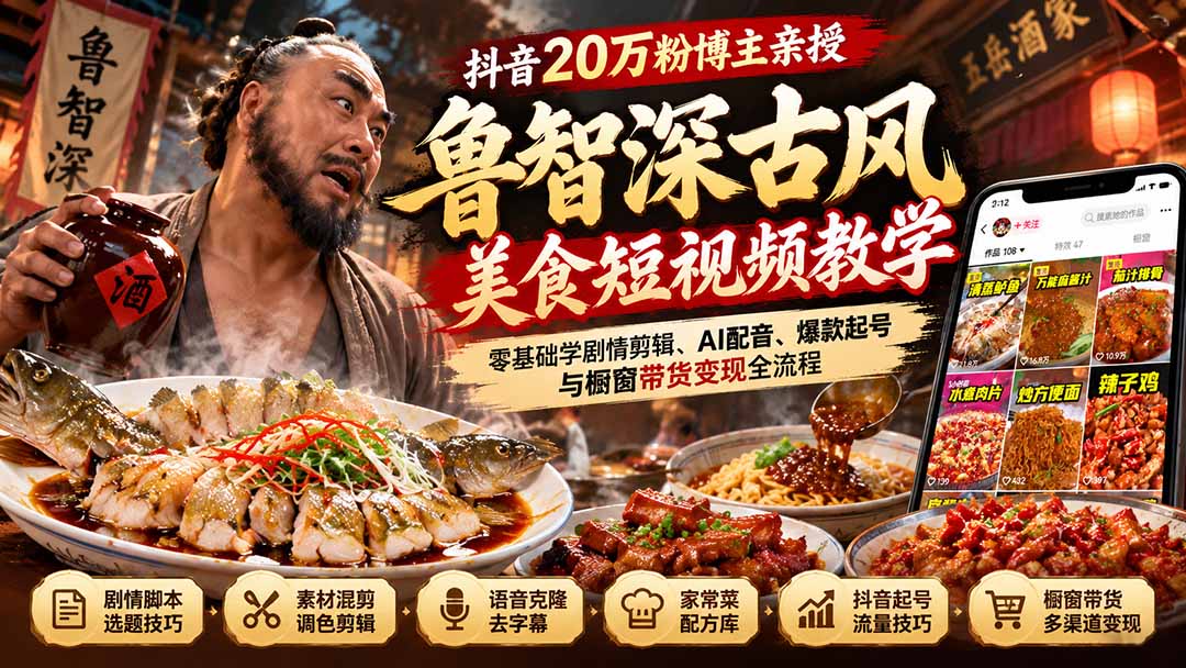 抖音20万粉博主亲授鲁智深古风美食：零基础剧情剪辑+AI配音+橱窗带货变现全流程