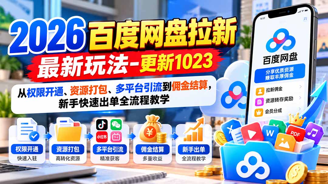 2026百度网盘拉新副业教程：零基础手机推广出单与佣金结算全流程