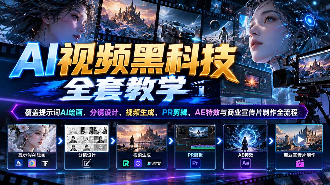 AI视频全流程教学：提示词AI绘画+分镜设计+PR/AE特效与商业宣传片制作