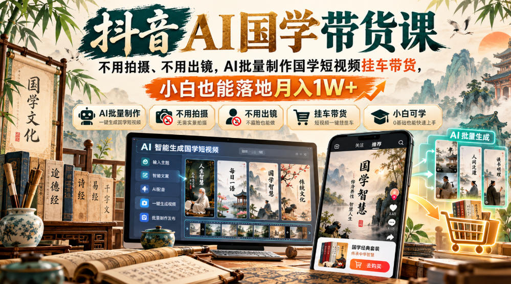 抖音AI国学带货课:豆包AI批量做国学短视频挂车带货,小白也能变现1W+ 抖音AI国学带货课:豆包AI批量做国学短视频挂车带货,小白也能变现1W+