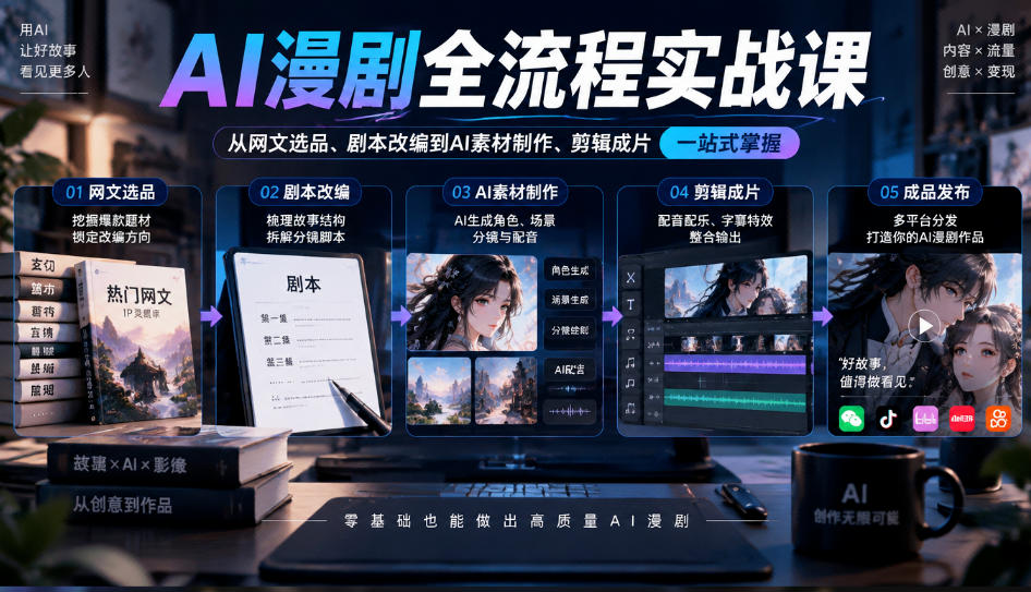 AI漫剧全流程实战课:从网文选品、剧本改编到AI分镜剪辑成片,掌握743写作法与版权避雷 AI漫剧全流程实战课:从网文选品、剧本改编到AI分镜剪辑成片,掌握743写作法与版权避雷