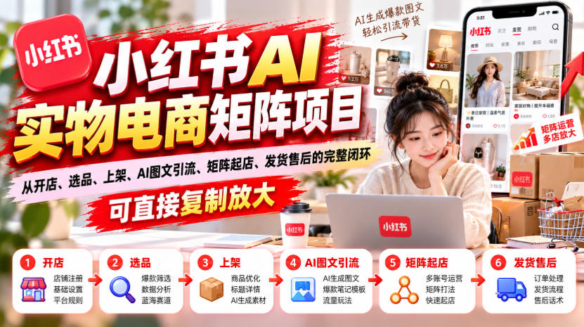 小红书AI实物电商矩阵6.0：55节实操课从开店选品到AI图文引流发货售后闭环
