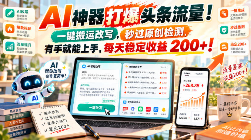 AI一键改写爆文过原创检测，头条多账号矩阵搬运日更200方法