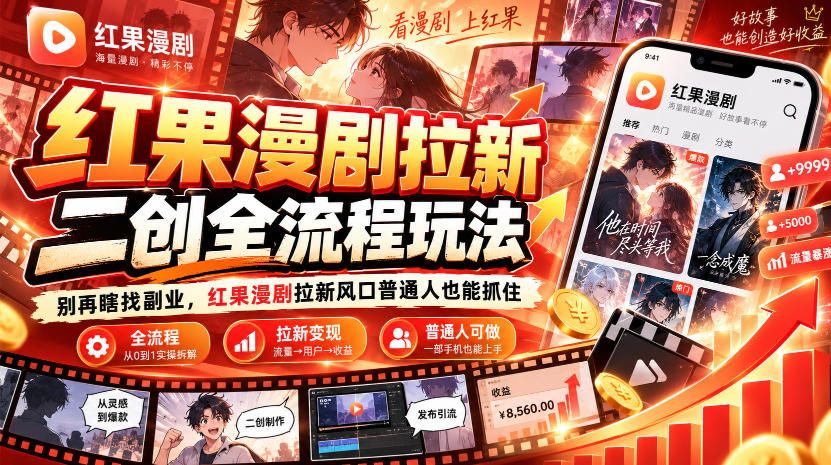 红果漫剧拉新二创全流程：零粉丝零经验新手副业玩法，4步剪辑去重实操