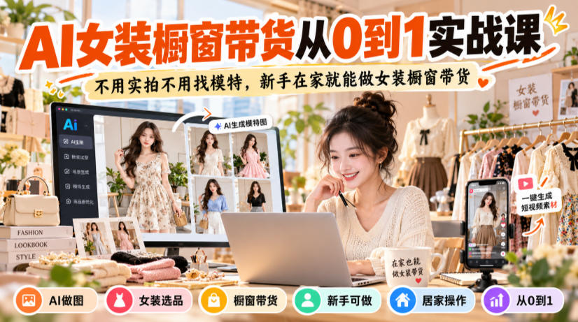 AI女装橱窗带货实战课：豆包即梦可灵剪映0基础在家做