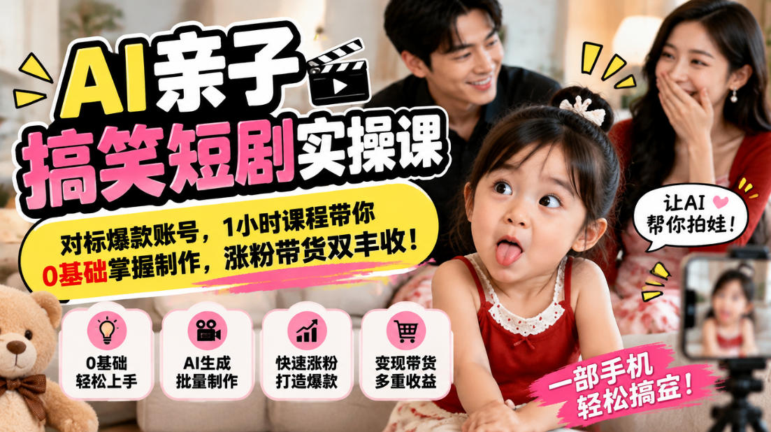 AI亲子搞笑短剧实操课：0基础1小时学会脚本拍摄剪辑，涨粉带货