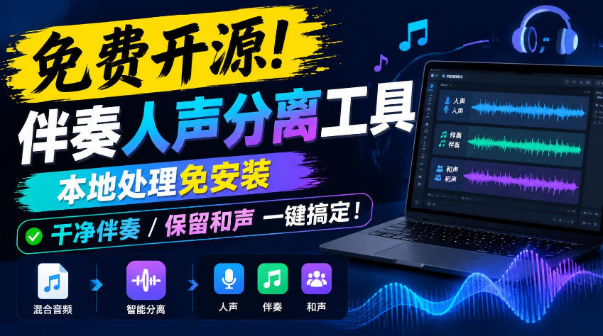 免费开源伴奏人声分离工具|本地处理免安装,干净伴奏保留和声一键生成 免费开源伴奏人声分离工具|本地处理免安装,干净伴奏保留和声一键生成
