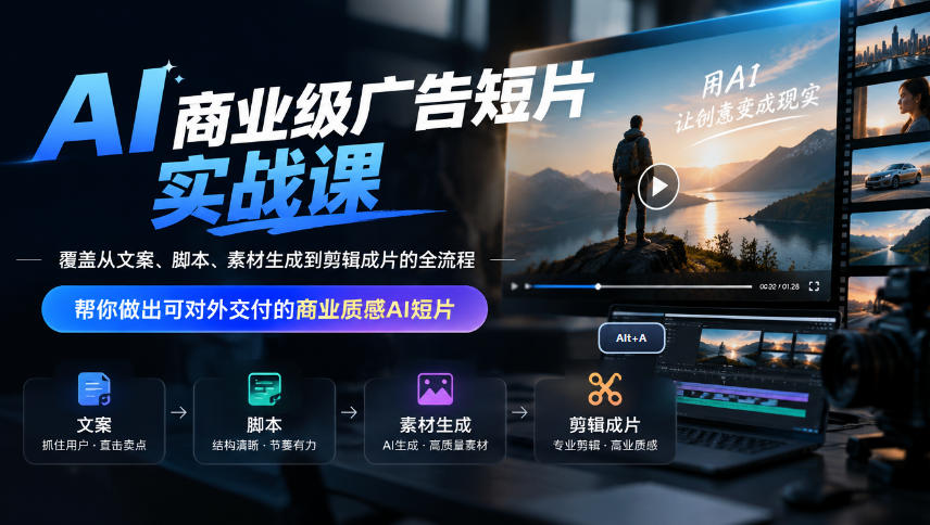AI商业广告短片实战课：剪映+LIBTV全流程，接单交付级