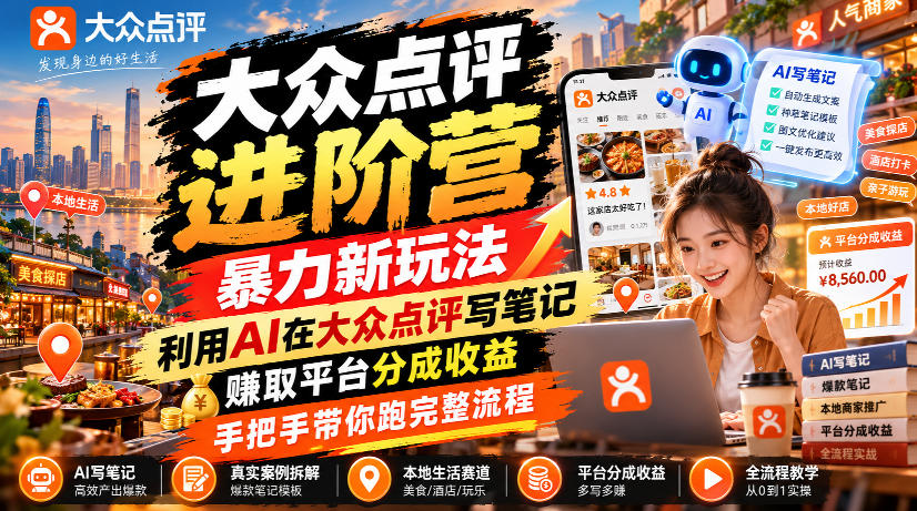 大众点评AI写笔记赚分成，手把手跑通全流程副业玩法