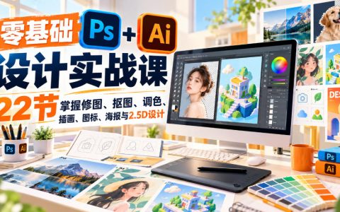 零基础PS+AI设计实战课：22节掌握修图抠图调色插画海报2.5D