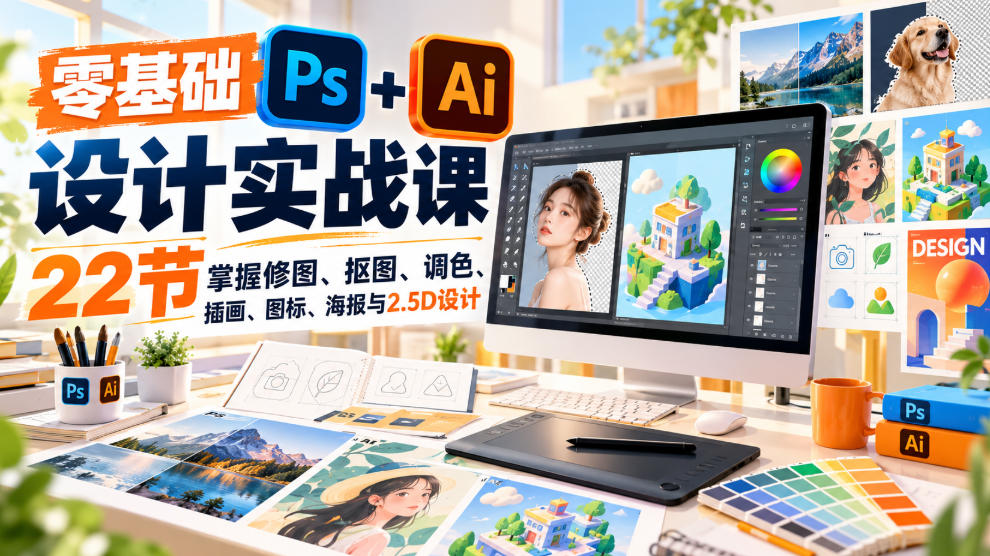 零基础PS+AI设计实战课：22节掌握修图抠图调色插画海报2.5D