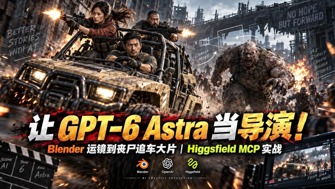 GPT-6 Astra导演实战：Blender运镜+Higgsfield AI视频生成丧尸追车