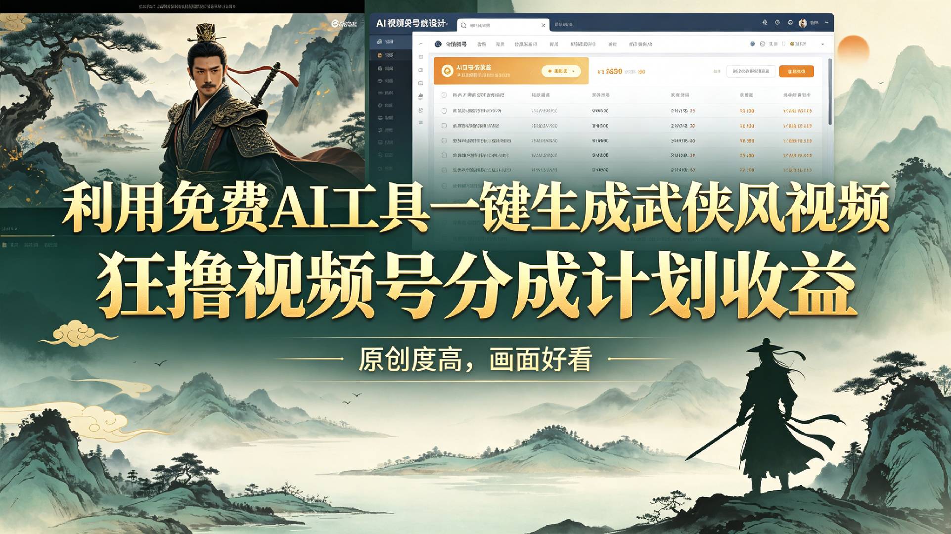 免费AI工具一键生成武侠风视频，视频号分成计划小白也能做原创
