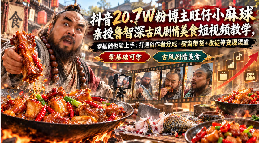 抖音20.7W粉博主亲授鲁智深古风剧情美食短视频剪辑教程零基础可学