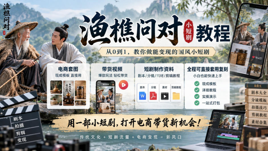 渔樵问对小短剧教程：AI带货视频+电商套图+无限画布工作流