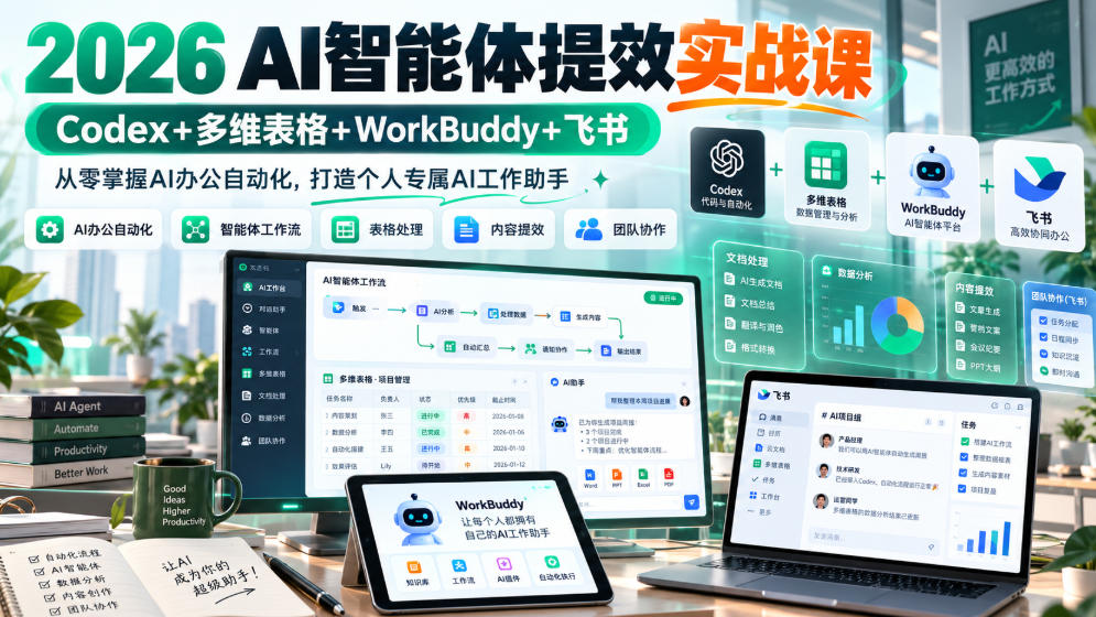 2026 AI智能体提效实战课:Codex+多维表格+WorkBuddy+飞书,零基础掌握AI办公自动化与批量 2026 AI智能体提效实战课:Codex+多维表格+WorkBuddy+飞书,零基础掌握AI办公自动化与批量
