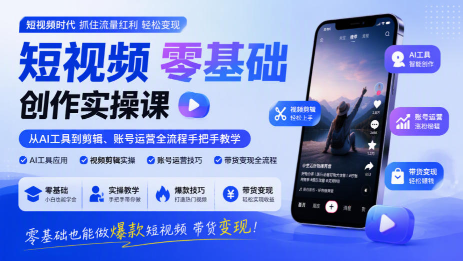 短视频零基础AI创作实操课：剪映剪辑+账号运营带货变现