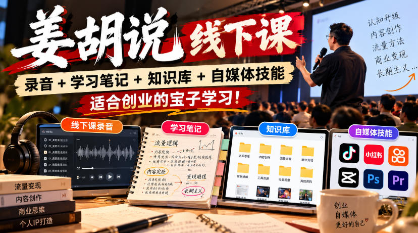 姜胡说线下课笔记+知识库工具包，自媒体技能学习适合创业