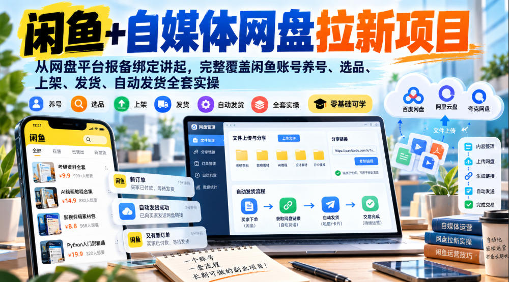 闲鱼网盘拉新实操课：从报备绑定到自动发货，含自媒体引流与避坑指南