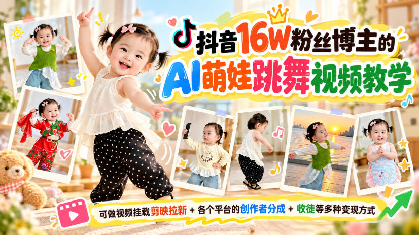 抖音16W粉博主AI萌娃跳舞视频教程，剪映拉新+创作者分成+收徒变现