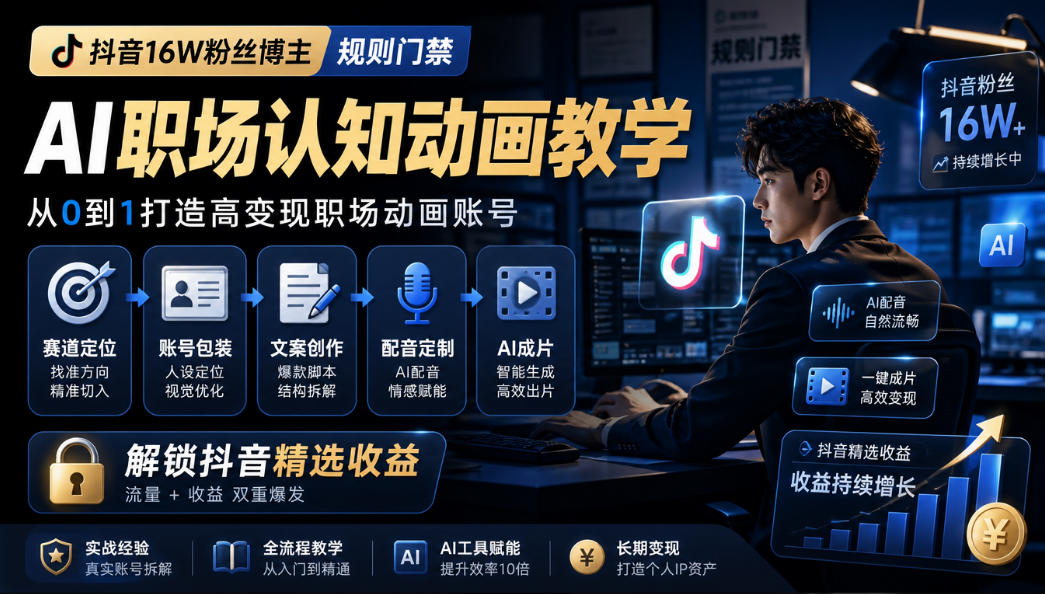 抖音16万粉博主AI职场认知动画课，从定位包装到配音成片解锁精选收益
