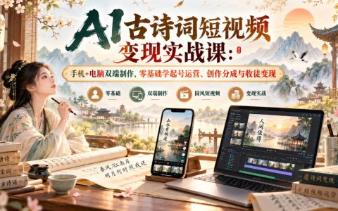 AI古诗词短视频变现7节课：手机电脑双端制作，零基础起号运营与创作分成