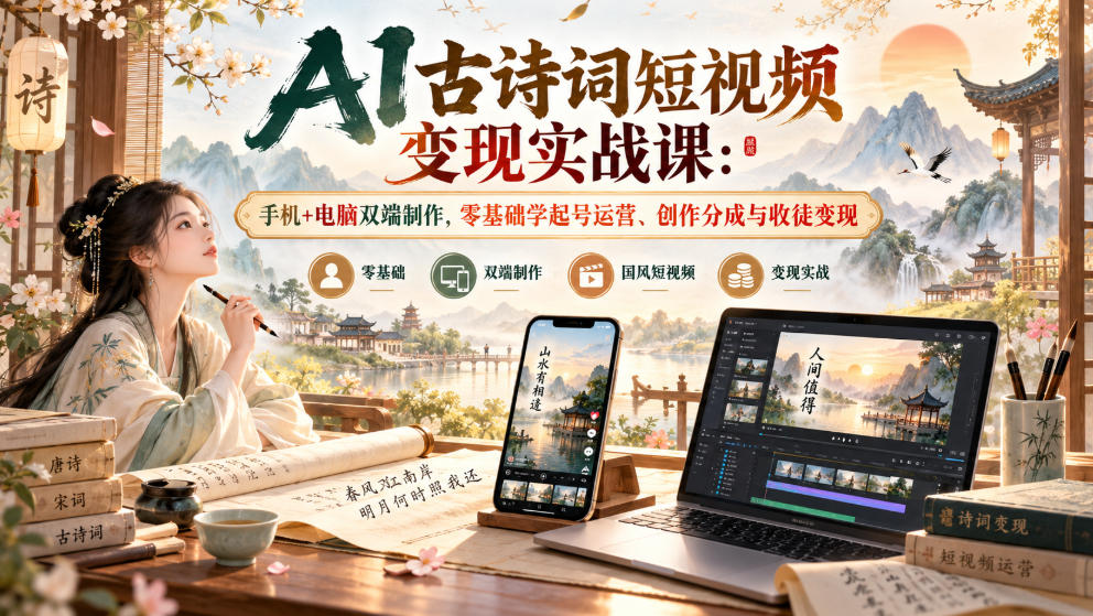 AI古诗词短视频变现7节课：手机电脑双端制作，零基础起号运营与创作分成