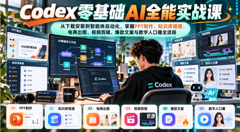 Codex零基础AI实战课：38节掌握知识库、电商出图、视频剪辑与文案自动化