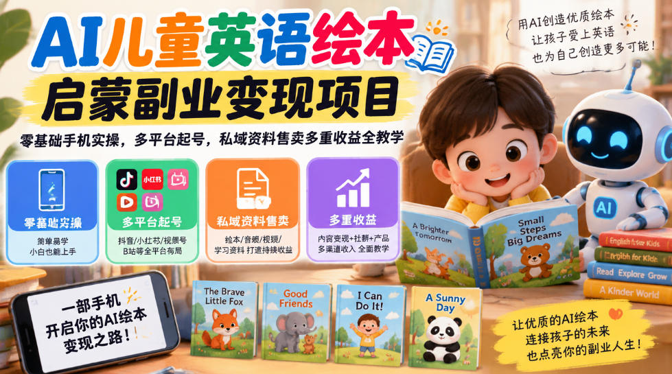 AI儿童英语绘本启蒙副业：零基础手机实操多平台起号私域变现