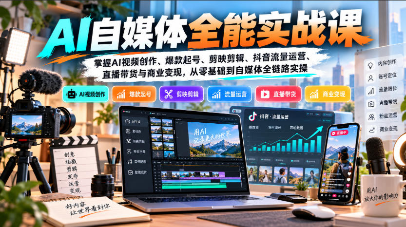 AI自媒体实战课：DeepSeek+即梦AI视频创作、抖音起号剪辑、直播带货变现实操