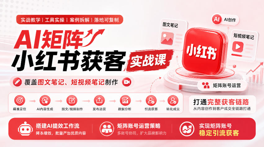 小红书AI矩阵获客实战课：图文短视频笔记制作与AI提效工作流搭建