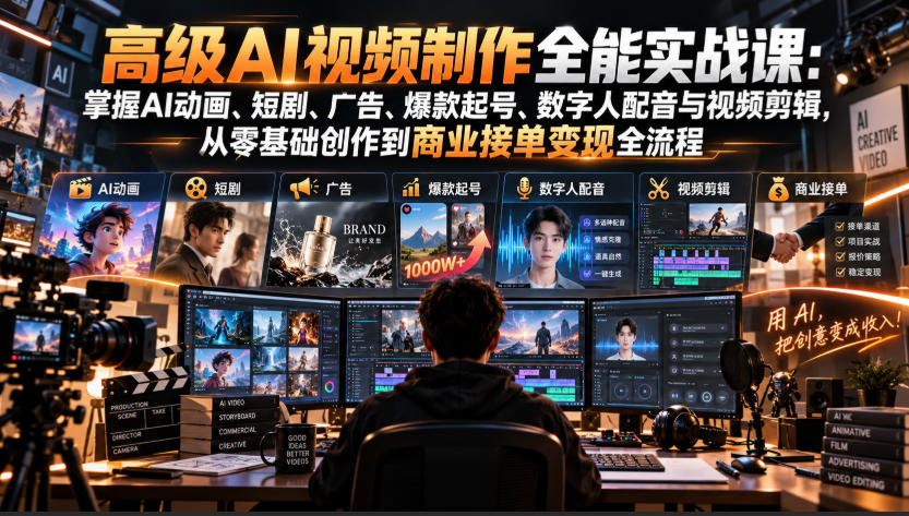 AI视频制作实战课：零基础学AI动画短剧广告与数字人配音剪辑变现