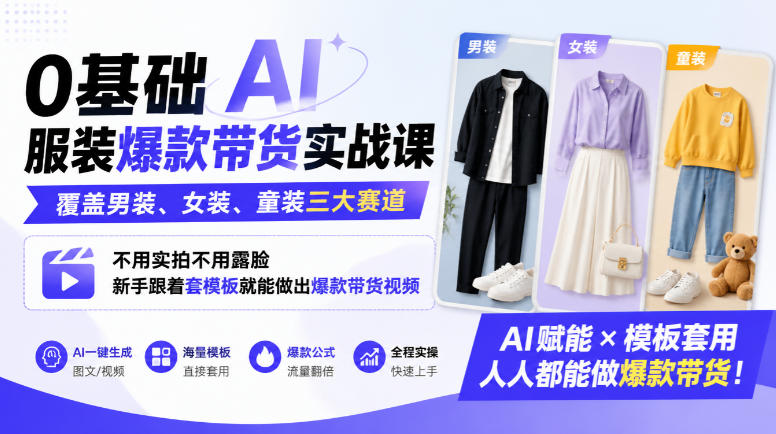 0基础AI服装带货课｜男装女装童装模板，不露脸不实拍新手起号