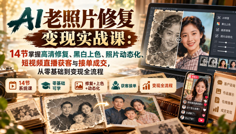 AI老照片修复实战课：14节高清修复上色动态视频与直播接单变现