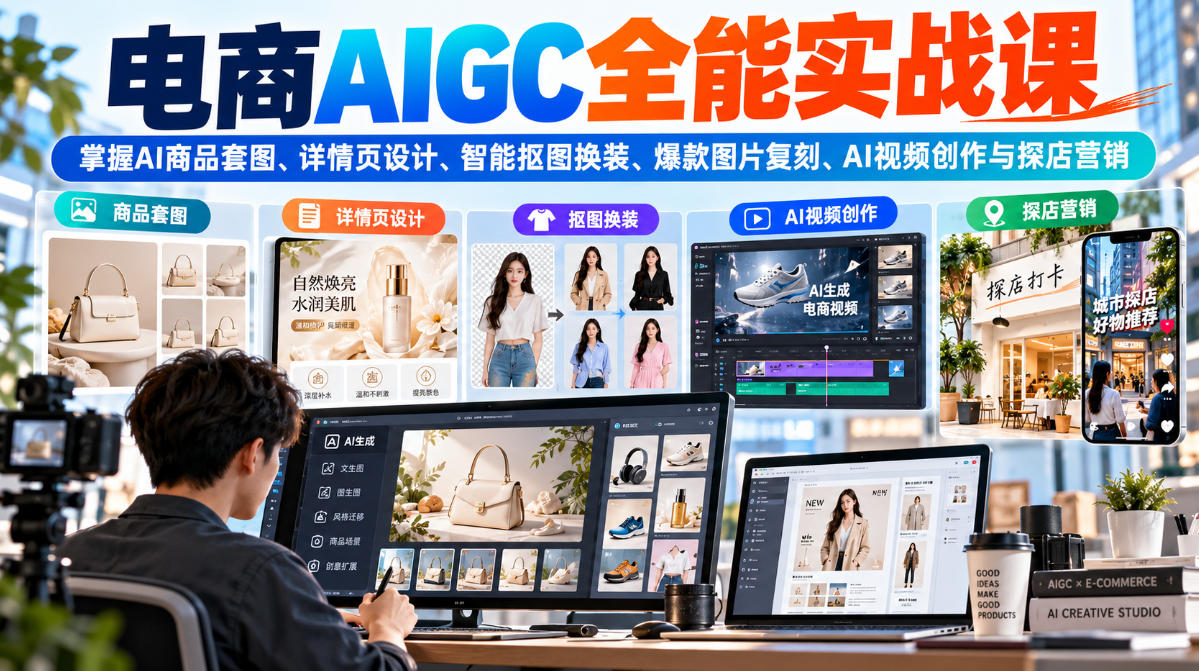 电商AIGC实战课：AI商品套图、详情页设计、抠图换装与视频创作，零基础搞定电商视觉