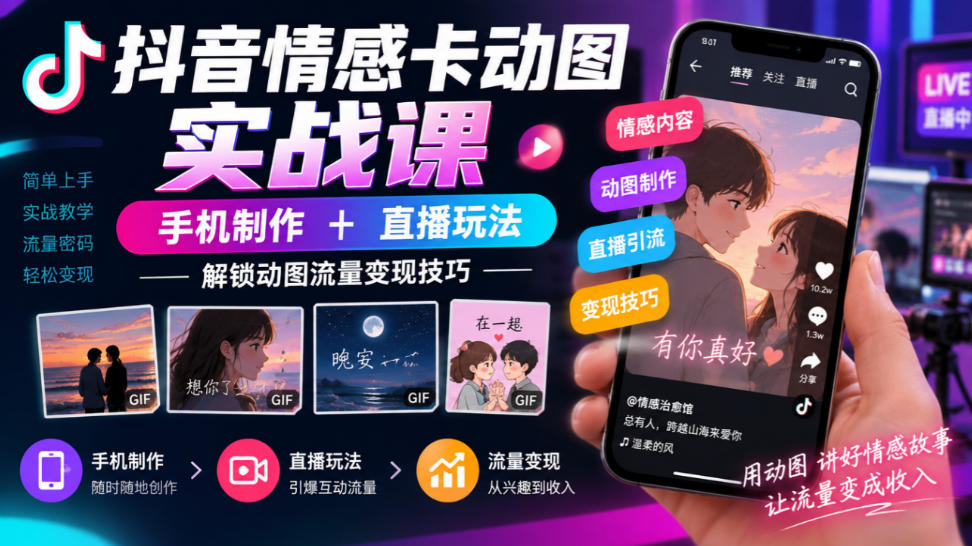抖音情感卡动图实战课：手机制作+直播特效，安卓苹果动图发布变现
